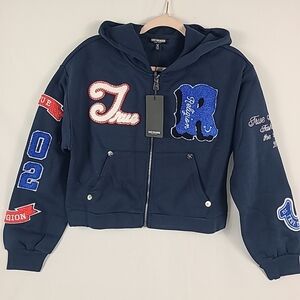 NWT True Religion Varsity Zip Up Blue Hooded Fleece Jacket Women's Sz M $229